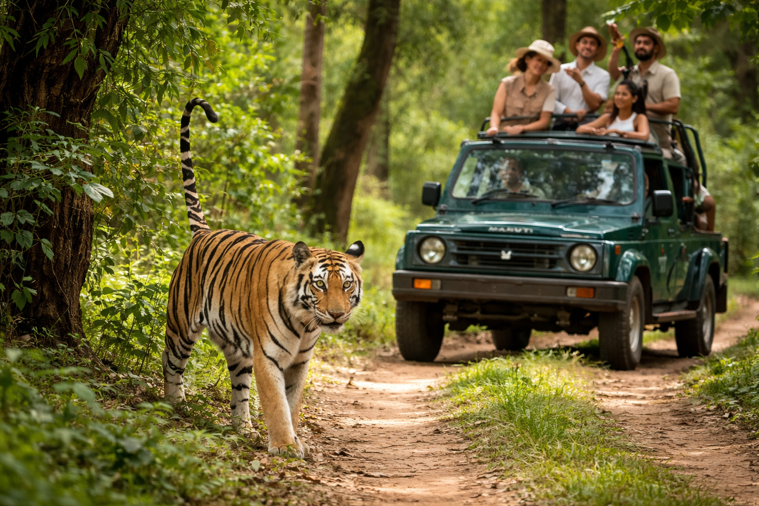Tiger safari in Jim Corbett National Park with tourists in open jeep