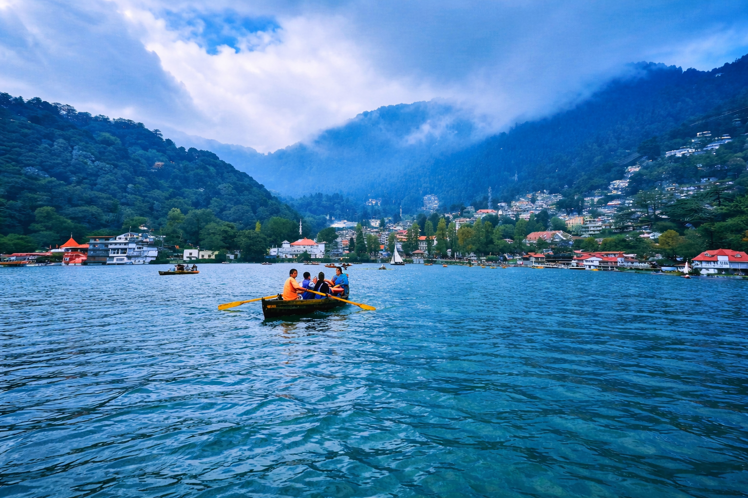 A high-angle view of the emerald green Naini Lake in Nainital, Uttarakhand, featuring tourists in a traditional rowing boat on clear blue water with mist-covered green mountains and the lakeside town in the background.