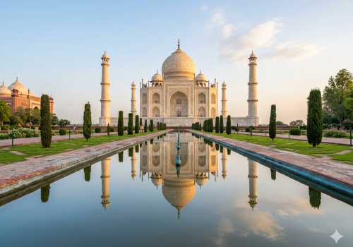 Taj Mahal in Agra with garden and reflecting pool during sunrise