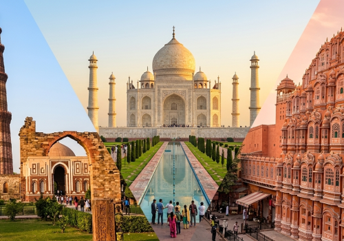 A high-quality collage showing the Qutub Minar in Delhi, the Taj Mahal in Agra, and the Hawa Mahal in Jaipur, representing India's Golden Triangle tourism circuit.
