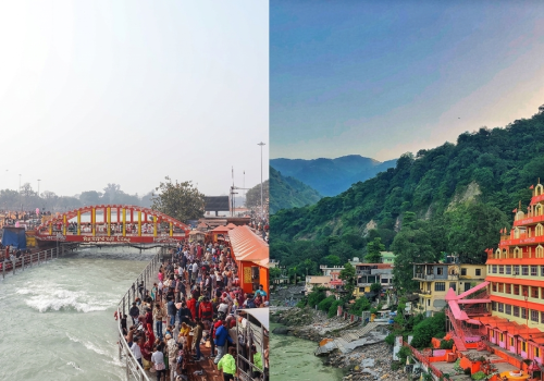 A split-screen image showing the bustling Har Ki Pauri ghat with its iconic orange bridge in Haridwar on the left, and the serene, multi-storied temples and lush green mountains of Rishikesh on the right.