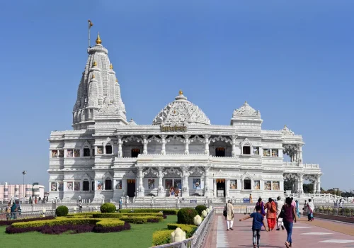 Prem Mandir Vrindavan illuminated at night with beautiful temple architecture